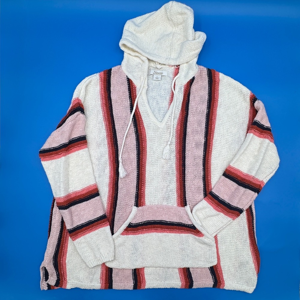 Natural Reflections Womens XL Baja Hoodie Knit Striped Cotton Pink Navy White